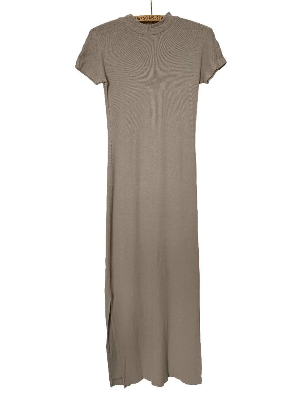 Club Monaco Tea Lounge Ribbed T-Shirt Maxi Dress Mock Neck Side Slits Taupe Size